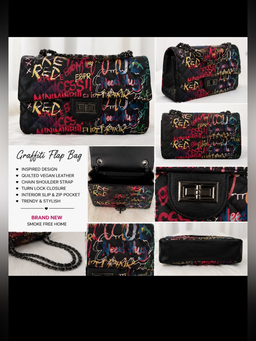 Quilted Graffiti-Print Shoulder Bag - Black/Multi